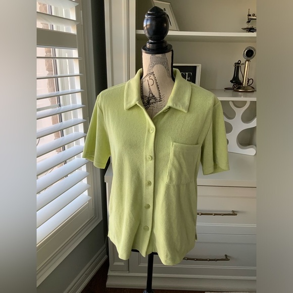 REFORMATION Fuji Button up Green Terry Shirt Short Sleeve Patch Pocket SZ Small - Picture 9 of 13